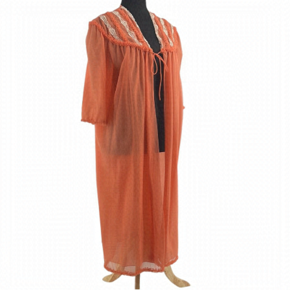 Vintage night coat house coat pajamas might dress coral house wife frills sz m-l